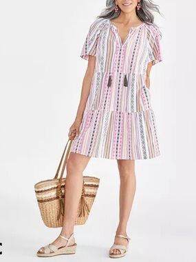 Style & Co Striped Tassel Tie Boho Dress Pink, White, Yellow size PL